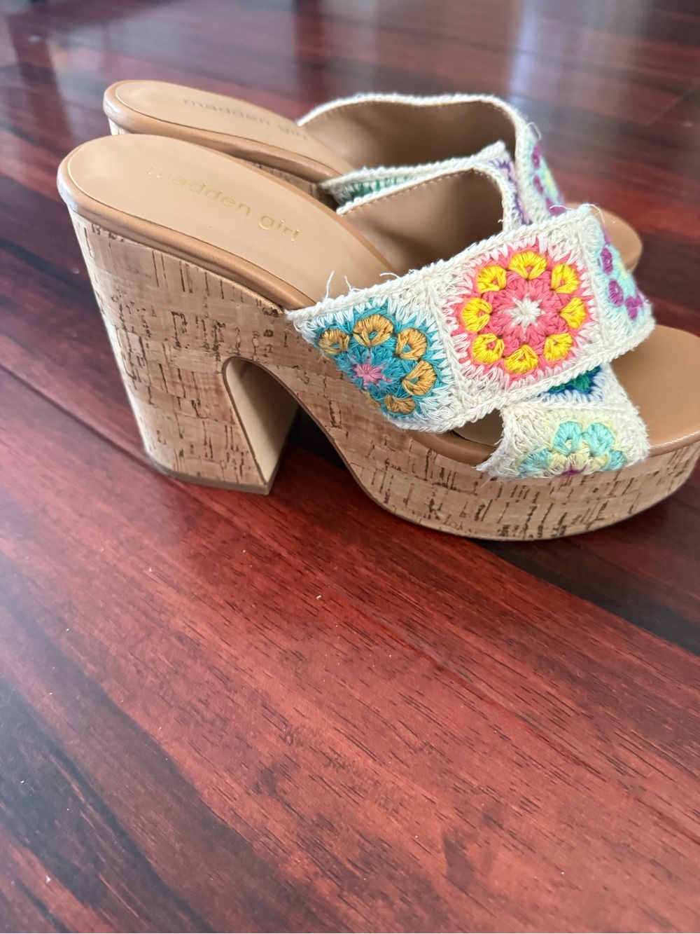 Madden Girl Cork Platform Sandals with Multicolor Crochet Accents